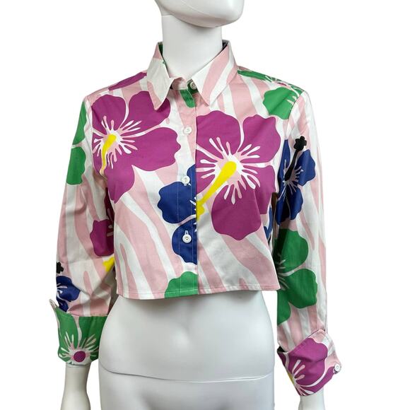 SAMMY B Tati Pink Floral Print Crop Cotton Button-Up Shirt - Picture 9 of 12
